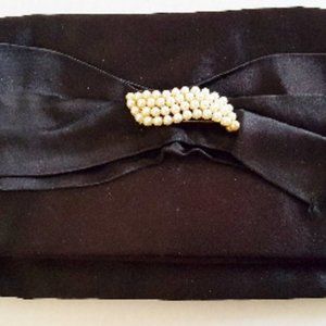 PURSE 1950's BLACK Snap Satin Clutch Pearl Detail